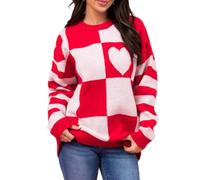 Women's Heart Print Pullover - Valentine's Day Oversized Y2K Knit Top for Casual & Festive Wear