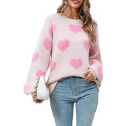 Women's Heart Print Pullover - Valentine's Day Oversized Y2K Knit Top for Casual & Festive Wear