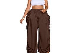Womens High Waist Drawstring Wide Leg Plus Size Pants, with Side Pockets | Plus-size women's high-waisted drawstring wide-leg pants, slimming and flattering, with side pockets and adjustable hem