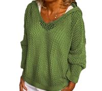 Women's Hollow out Crochet Sweater, Hoodie V Neck Long Sleeve Sweatershirts Lightweight Baggy Hollow out Pullover (Green,L)