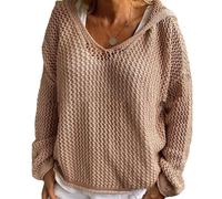 Women's Hollow out Crochet Sweater, Hoodie V Neck Long Sleeve Sweatershirts Lightweight Baggy Hollow out Pullover (Khaki,S)