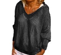 Women's Hollow out Crochet Sweater, Hoodie V Neck Long Sleeve Sweatershirts Lightweight Baggy Hollow out Pullover (Black,M)