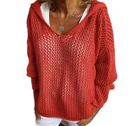 Women's Hollow out Crochet Sweater, Hoodie V Neck Long Sleeve Sweatershirts Lightweight Baggy Hollow out Pullover (Red,L)