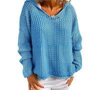 Women's Hollow out Crochet Sweater Long Sleeve Drop Shoulder Pullover Hoodie Knitwear for Daily Outings Coffee Dates (Blue,XL)