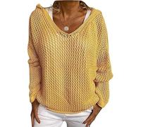 Women's Hollow out Crochet Sweater Long Sleeve Drop Shoulder Pullover Hoodie Knitwear for Daily Outings Coffee Dates (Yellow,M)