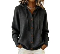 Womens Hooded Cardigan Button Front Long Sleeve Knit Sweater (Black,XXL)