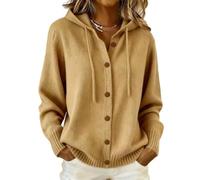 Womens Hooded Cardigan Button Front Long Sleeve Knit Sweater (Khaki,XXL)
