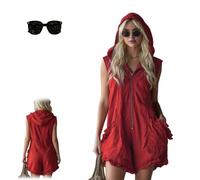 Women's Hooded Sleeveless Romper Zip Front Loose Fit One,Summer Casual Streetwear Ruffle Hooded Half Zip Jumpsuit with Pocket (Red, L)