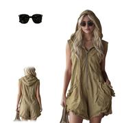 Women's Hooded Sleeveless Romper Zip Front Loose Fit One,Summer Casual Streetwear Ruffle Hooded Half Zip Jumpsuit with Pocket (Khaki, S)