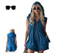 Women's Hooded Sleeveless Romper Zip Front Loose Fit One,Summer Casual Streetwear Ruffle Hooded Half Zip Jumpsuit with Pocket (Blue, XXL)