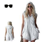Women's Hooded Sleeveless Romper Zip Front Loose Fit One,Summer Casual Streetwear Ruffle Hooded Half Zip Jumpsuit with Pocket (White, XL)