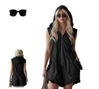 Women's Hooded Sleeveless Romper Zip Front Loose Fit One,Summer Casual Streetwear Ruffle Hooded Half Zip Jumpsuit with Pocket (Black, S)
