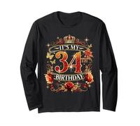 Womens It’s My 34th Birthday Red Rose Crown 34 Years Old Manga Larga