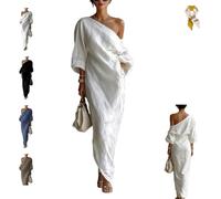 Women's Ivory White Cotton-Linen Blend One-Shoulder Flowing Maxi Dress,Elegant Lantern-Sleeve One-Shoulder Draped Dress (FR/ES, Letras, S, Regular, Regular, White)