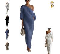 Women's Ivory White Cotton-Linen Blend One-Shoulder Flowing Maxi Dress,Elegant Lantern-Sleeve One-Shoulder Draped Dress (FR/ES, Letras, S, Regular, Regular, Blue)