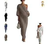 Women's Ivory White Cotton-Linen Blend One-Shoulder Flowing Maxi Dress,Elegant Lantern-Sleeve One-Shoulder Draped Dress (FR/ES, Letras, S, Regular, Regular, Khaki)