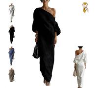 Women's Ivory White Cotton-Linen Blend One-Shoulder Flowing Maxi Dress,Elegant Lantern-Sleeve One-Shoulder Draped Dress (FR/ES, Letras, S, Regular, Regular, Black)