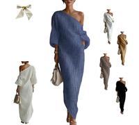 Women's Ivory White Cotton-Linen Blend One-Shoulder Flowing Maxi Dress,One-Shoulder Draped Lantern-Sleeve Dress with Pockets (FR/ES, Letras, XS, Regular, Regular, Blue)
