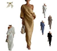 Women's Ivory White Cotton-Linen Blend One-Shoulder Flowing Maxi Dress,One-Shoulder Draped Lantern-Sleeve Dress with Pockets (FR/ES, Letras, XXL, Regular, Regular, Yellow)