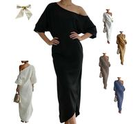 Women's Ivory White Cotton-Linen Blend One-Shoulder Flowing Maxi Dress,One-Shoulder Draped Lantern-Sleeve Dress with Pockets (FR/ES, Letras, XS, Regular, Regular, Black)