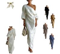 Women's Ivory White Cotton-Linen Blend One-Shoulder Flowing Maxi Dress,One-Shoulder Draped Lantern-Sleeve Dress with Pockets (FR/ES, Letras, M, Regular, Regular, White)