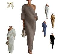 Women's Ivory White Cotton-Linen Blend One-Shoulder Flowing Maxi Dress,One-Shoulder Draped Lantern-Sleeve Dress with Pockets (FR/ES, Letras, XL, Regular, Regular, Khaki)