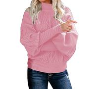 Women's Jumpers Crewneck Sweater Solid Color Pullover Casual Cable Knit Sweater Long Sleeve Baggy Tunic Elegant Pullover Clothing E-02 (Pink, XXL)
