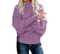 Women's Jumpers Crewneck Sweater Solid Color Pullover Casual Cable Knit Sweater Long Sleeve Baggy Tunic Elegant Pullover Clothing E-02 (Purple, XXL)