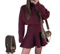 Women's Knit Jumper Dress,Ruffled,One-Piece Comfortable Dress Outfit for Fall,Outfit for Short Fall Dresses for Women (Burgundy,L)