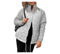 Women's Knit Patchwork Puffy Jacket, Casual Solid Color Stand Collar Zipped Jacket Winter Warm Coat(Grey,S)