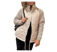 Women's Knit Patchwork Puffy Jacket, Casual Solid Color Stand Collar Zipped Jacket Winter Warm Coat(Khaki,3XL)
