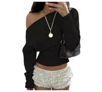 Womens Knit Pullover Sweater Off Shoulder Long Sleeve Cropped Wide Neckline (Black,L)