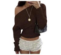 Womens Knit Pullover Sweater Off Shoulder Long Sleeve Cropped Wide Neckline (Brown,L)