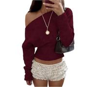 Womens Knit Pullover Sweater Off Shoulder Long Sleeve Cropped Wide Neckline (Dark Red,L)