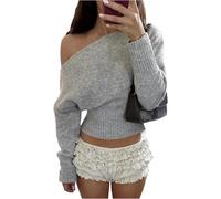 Womens Knit Pullover Sweater Off Shoulder Long Sleeve Cropped Wide Neckline (Grey,L)