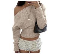 Womens Knit Pullover Sweater Off Shoulder Long Sleeve Cropped Wide Neckline (Khaki,XL)