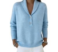 Womens Knit Pullover Sweater Shawl Collar Two Button Long Sleeve (Light Blue,S)