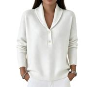 Womens Knit Pullover Sweater Shawl Collar Two Button Long Sleeve (White,3XL)