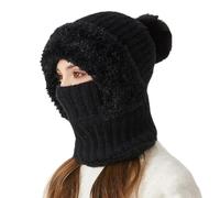Women's Knitted 3-In-1 Cold-Proof Hat, 3 In 1 Beanie Hat with Scarf and Mask, Wind-Resistant Face Mask Hooded Scarf (Black)