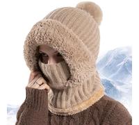 Women's Knitted 3-In-1 Cold-Proof Hat, 3 In 1 Beanie Hat with Scarf and Mask, Wind-Resistant Face Mask Hooded Scarf (Khaki)