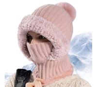Women's Knitted 3-In-1 Cold-Proof Hat, 3 In 1 Beanie Hat with Scarf and Mask, Wind-Resistant Face Mask Hooded Scarf (Pink)