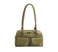 Womens Korean Retro Double Pocket Shoulder Bag Simple Solid Color Underarm PU Leather Armpit Purse Zippered Handbag Korean Fashion Shoulder