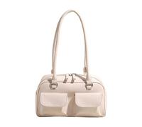 Womens Korean Retro Double Pocket Shoulder Bag Simple Solid Color Underarm PU Leather Armpit Purse Zippered Handbag Korean Fashion Shoulder