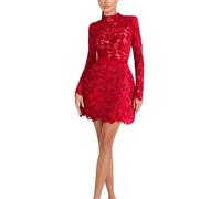 Womens Lace Mini Dress Long Sleeve High Neck Date Night Going out Dress (Red,XL)
