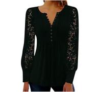 Womens Lace Sleeve Blouse Split V Neck Pleated Long Sleeve Top (Black,XL)