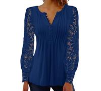 Womens Lace Sleeve Blouse Split V Neck Pleated Long Sleeve Top (Blue,S)