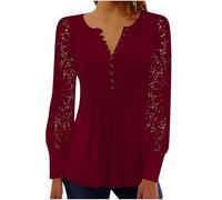 Womens Lace Sleeve Blouse Split V Neck Pleated Long Sleeve Top (Red,L)