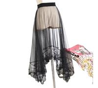 Women's Lace Trim Half Skirt Drapey Net Gown Single Layer Outerwear Match A- Line Pure Color with Decoration(6609 Black Without Lining)