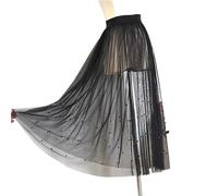 Women's Lace Trim Half Skirt Drapey Net Gown Single Layer Outerwear Match A- Line Pure Color with Decoration(6610 Black Without Lining)