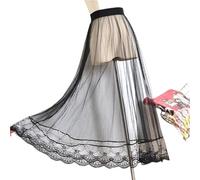 Women's Lace Trim Half Skirt Drapey Net Gown Single Layer Outerwear Match A- Line Pure Color with Decoration(6622 Black Without Lining)